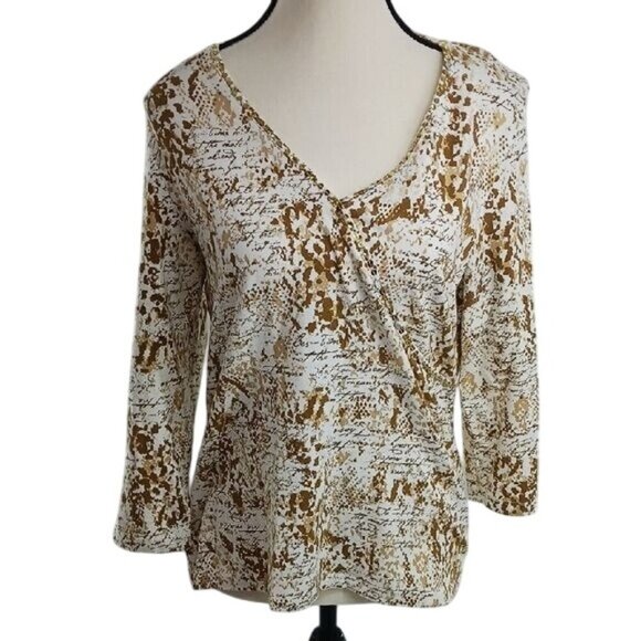 Ruby Rd. T Shirt Abstract Print Brown Sequins V Neck 3/4 Sleeve Womens Size M - Picture 1 of 7